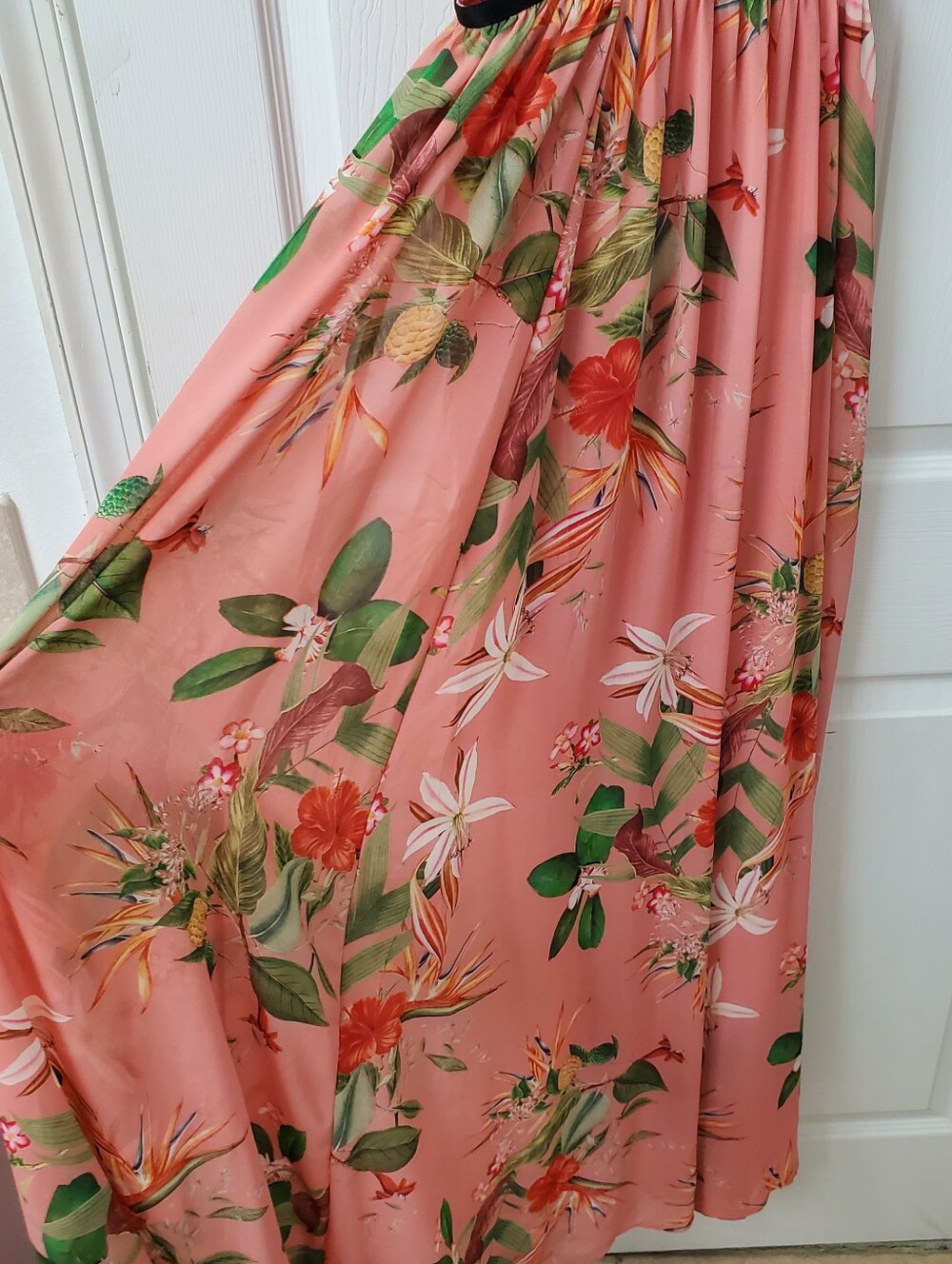 Express Pink Floral Halter Maxi Dress with Black Cut Out Waist Straps - Picture 8 of 8